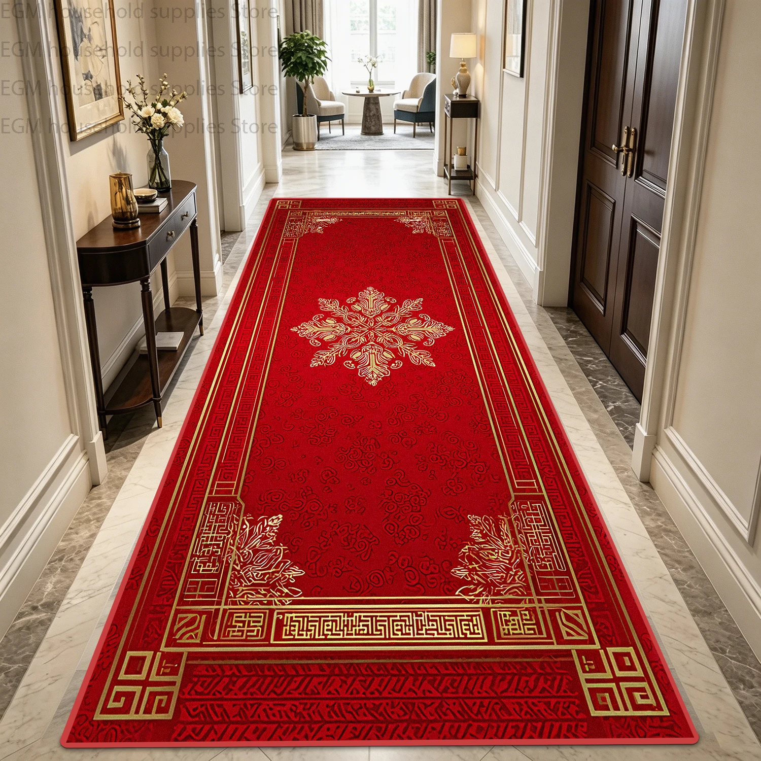 Classical Gold Red Carpet Hallway Decoration Non-slip Washable Long Runner Rug Corridor Stair Doorway Easy Clean Floor Mat Store view 2