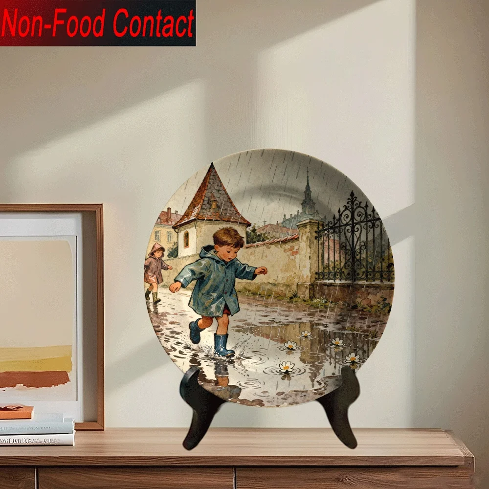 1pc Ceramic Decorative Plate - Vintage European Rainy Day Children's Scene with & Dutch-like Windmill Art, Non-Food Contact