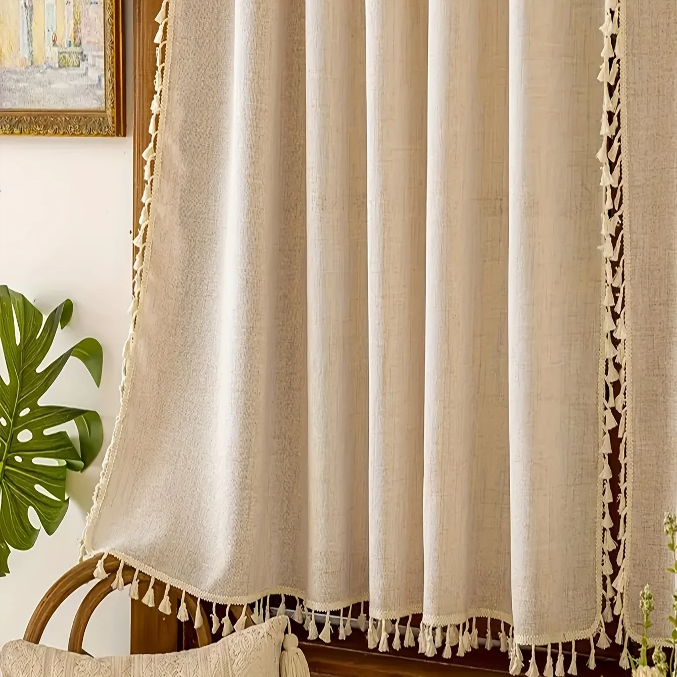 1 قطعة ستارة الكتان نمط جديد مع حافة صدفي لتزيين غرفة المعيشة وغرفة النوم ، ستارة قضيب زخرفية شخصية ، غرفة المعيشة ، غرفة النوم ، ستارة قضيب زخرفية لغرفة الدراسة #3