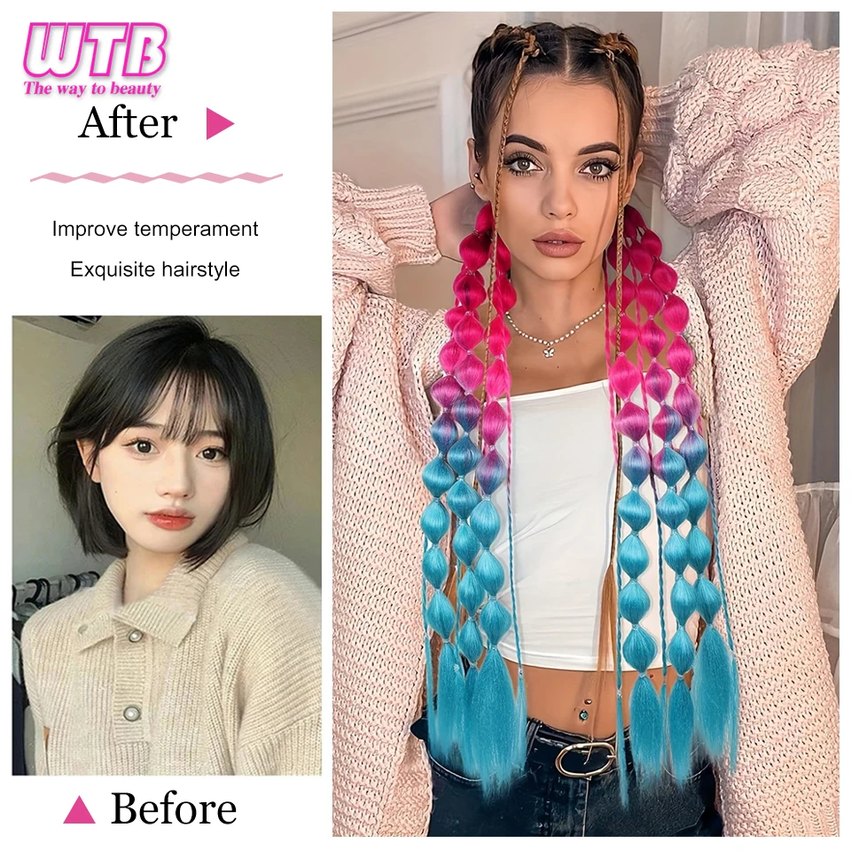 วิกผมปลอมแบบหางม้า 2 ชิ้น สีชมพู ยาว ทรงบับเบิ้ลถักเปีย แบบตรงหยิกเล็กน้อย สำหรับผู้หญิงและเด็กผู้หญิง ใช้สำหรับแต่งกายในวันฮาโลวีน