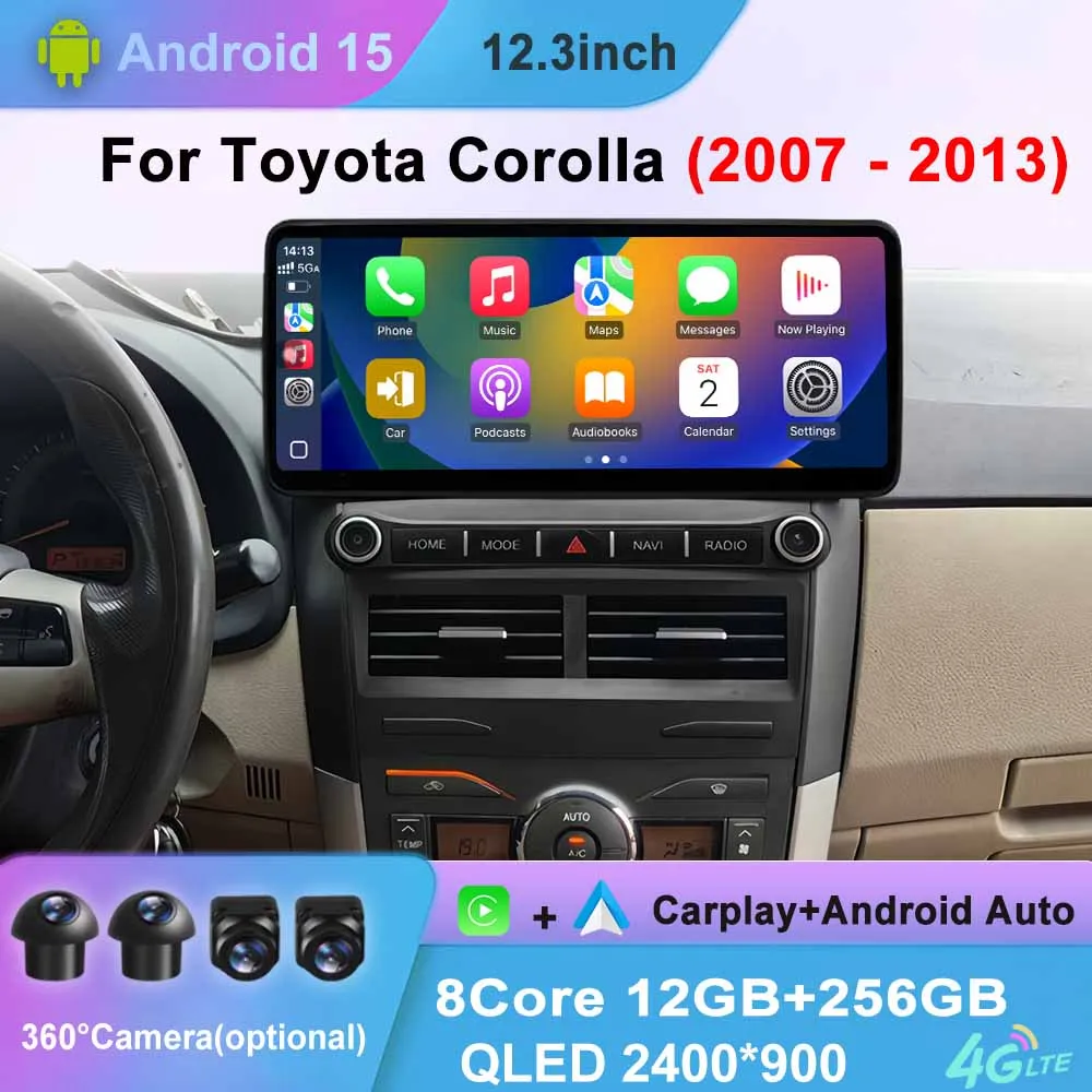 Car Video Multimedia Radio Player WIFI Bluetooth Navigation GPS DSP Stereo 12.3 inch Android 15 for Toyota Corolla 2007 - 2013