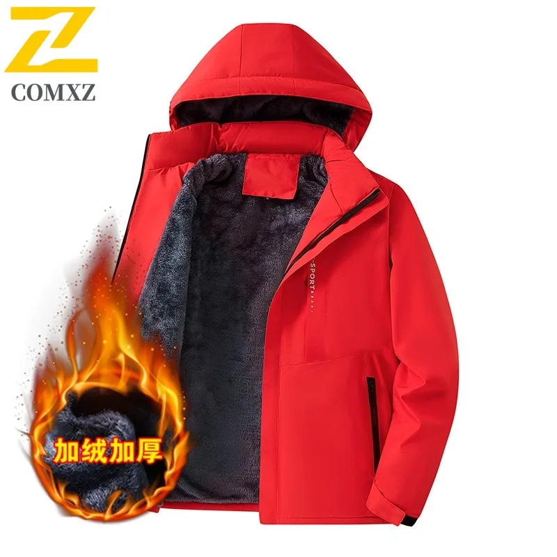 

COMXZ 2025 Mens L8XL Plus Size Fleece Lined Waterproof Windproof Detachable Hood Jacket Outdoor Business lightweight windbreaker