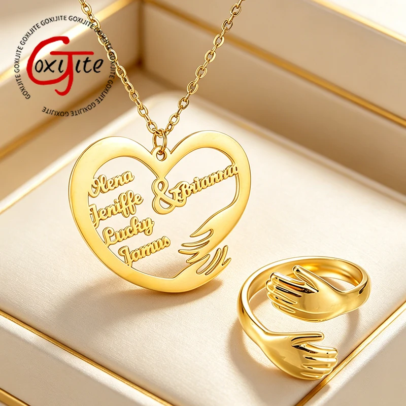 Personalized Custom Family Names Necklace Heart Hands Design With Free Hug Ring Customized Friendship Jewelry Gift For Women