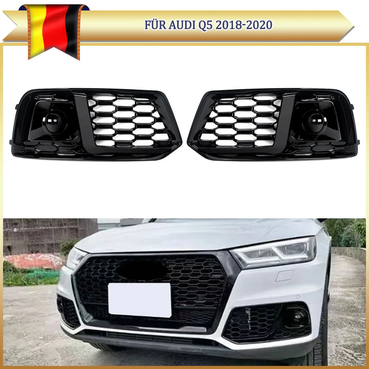 

For Audi Q5 Standard Front Bumper Fog Light Lamp Grille Cover With ACC Bezel Cover Grille 2018 2019 2020 Honeycomb Accessories