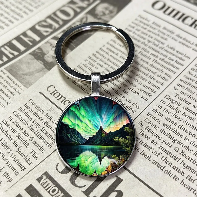 Aurora Starry Night Landscape Stained Glass Round Keychain Mountain Forest Van Gogh Style Metal Key Ring Bag Charm Gift