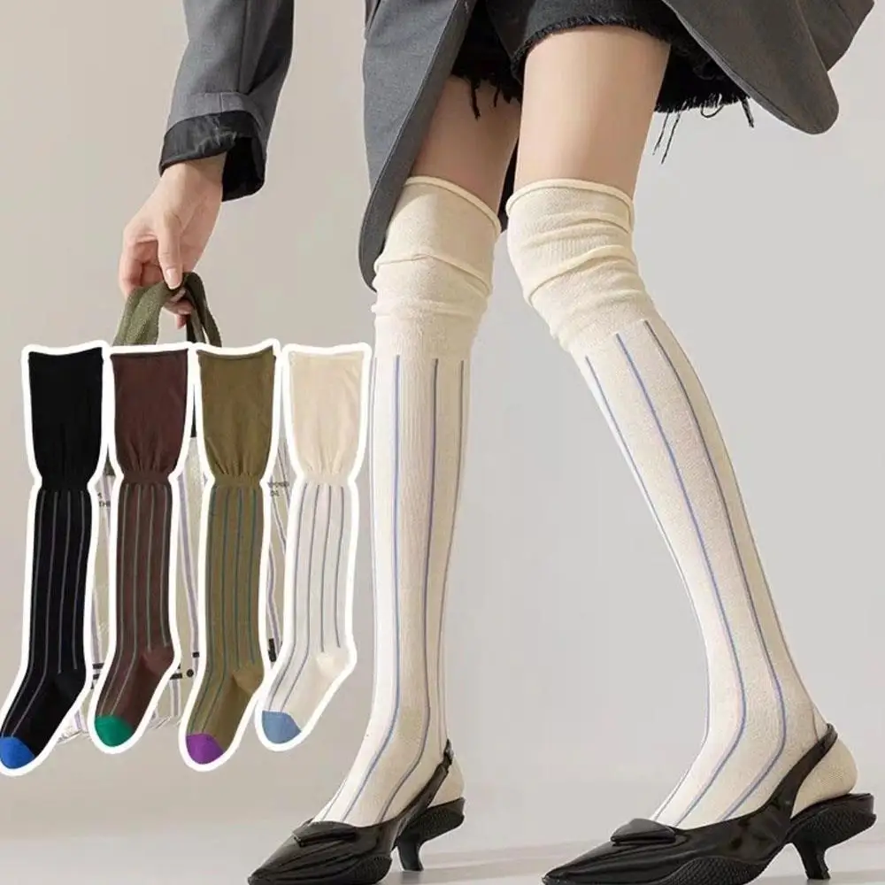 

Knee Length Stockings Loose Mouth Vertical Stripes Socks Over Knee Stockings Tall Thigh High Lazy Style Contrasting Colors Socks
