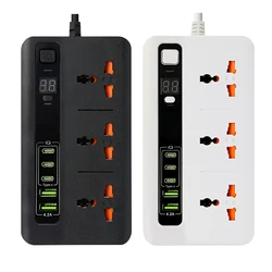 Universal Outlet EU/UK Plug Power Strip Timer Sockets With 2M Extension Cable 2 USB 3 TYPE-C Network Filter Fast Charging Socket