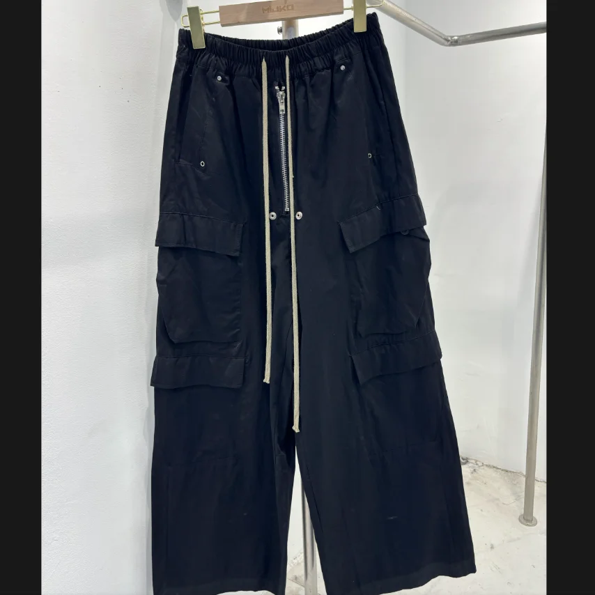 

Real Photos Wide Leg Drawstring Black Cargo Pants Straight Baggy Casual Overalls Men's Streetwear Loose Oversized Trouser