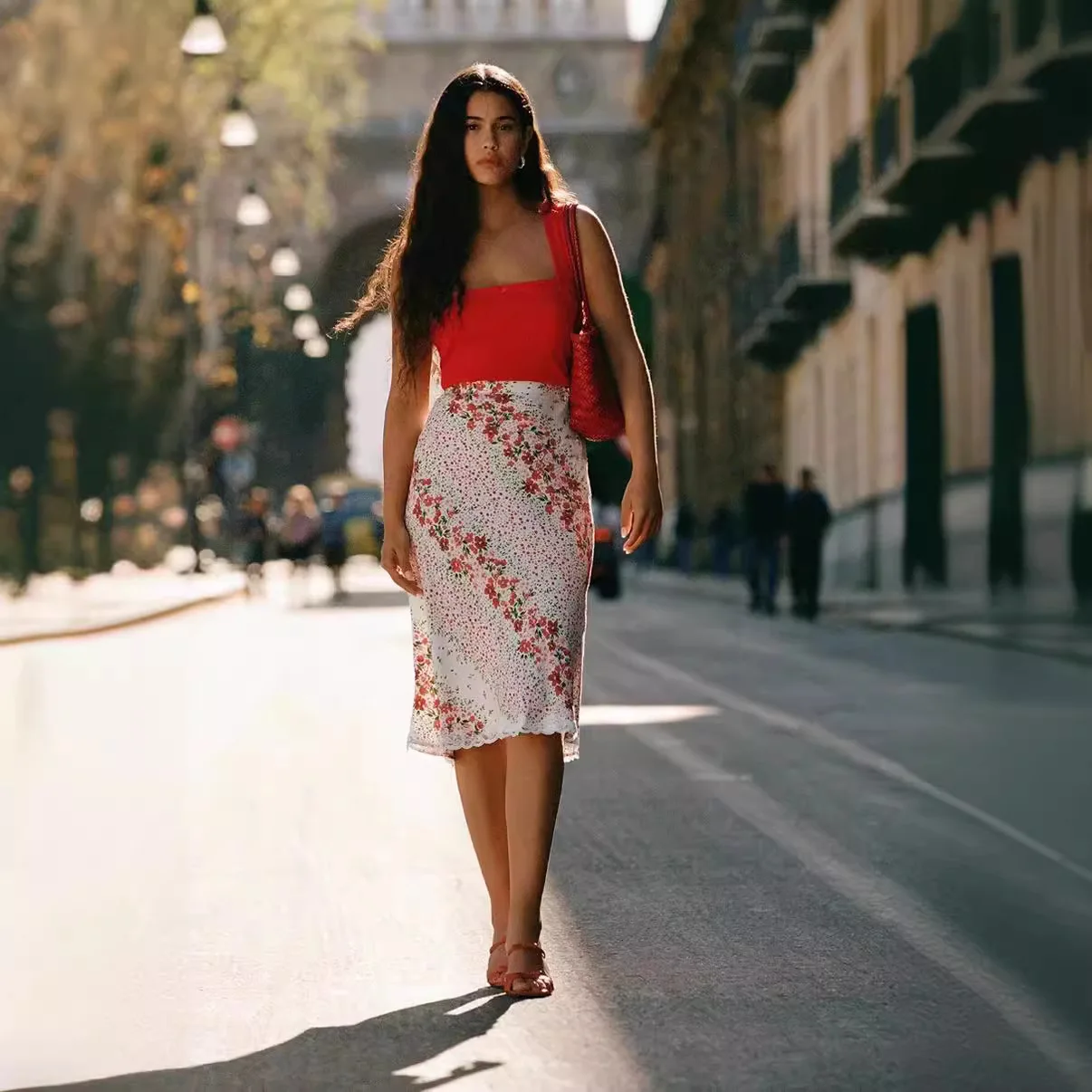 

Ele High Waist Fi Tail Skirt with Lace Trim Print Floral Asymmetrical Cut Silk Material Women's Premium Faion