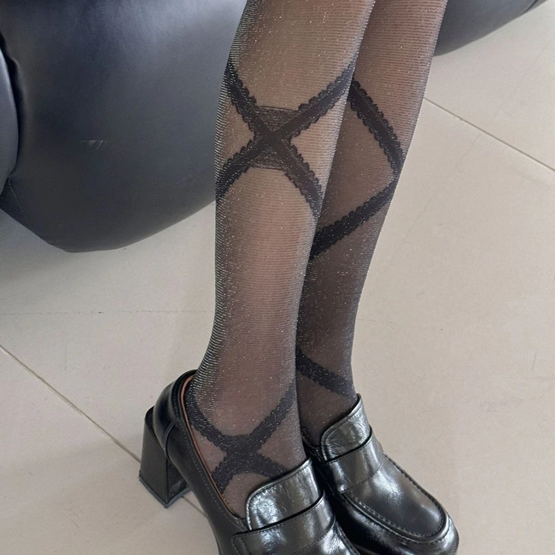 Cross-Strap Pattern Sexy Tights Women Pantyhose Retro Black Breathable Mesh Sockings Shiny Women Soft Bottoming Tights Summer