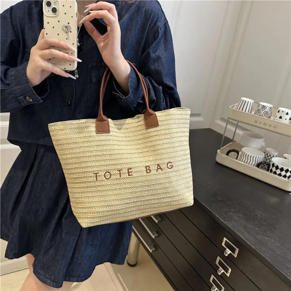 

Cute Beach Handbag Straw Woven Bag Large Capacity Bucket Bag Bohemian Beach Bag Letter Shoulder Bag Travel