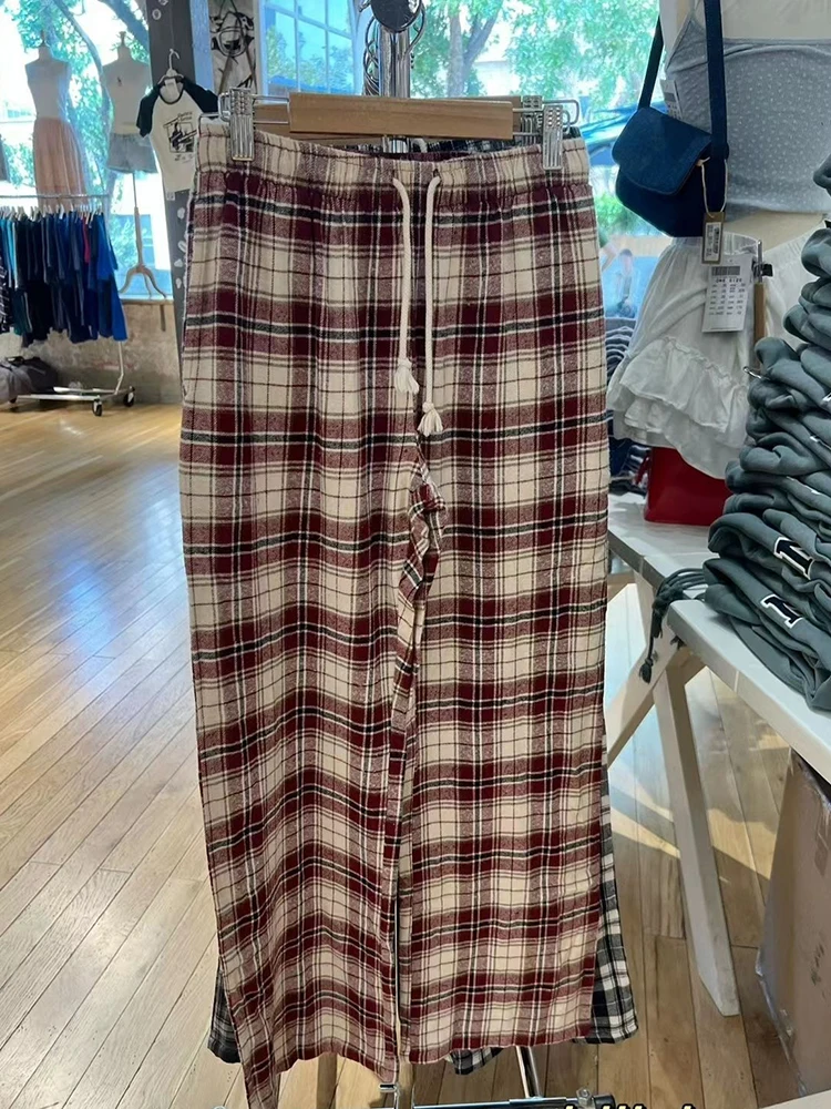 

Casual Women Plaid Wide Leg Pants Summer Cotton Elastic High Waist Loose Pants Female Streetwear Vintage Drawstring Bottoms