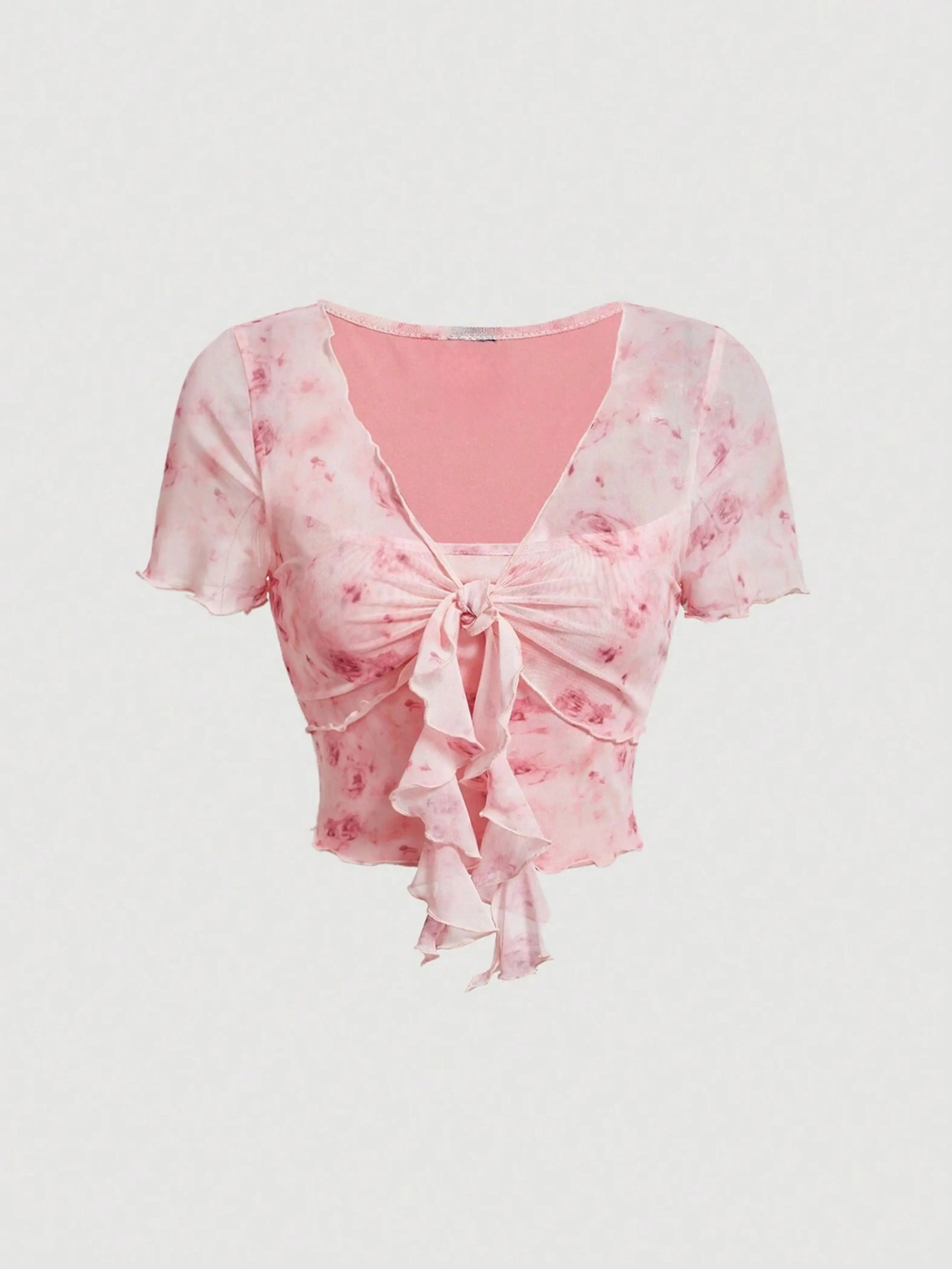 

Ladies Summer Fashion Sweet Mesh Print Slim Fit Crop Top V-Neck Lace-up Pink Sexy Short Top Women's Trendy Belly-Baring Outfit
