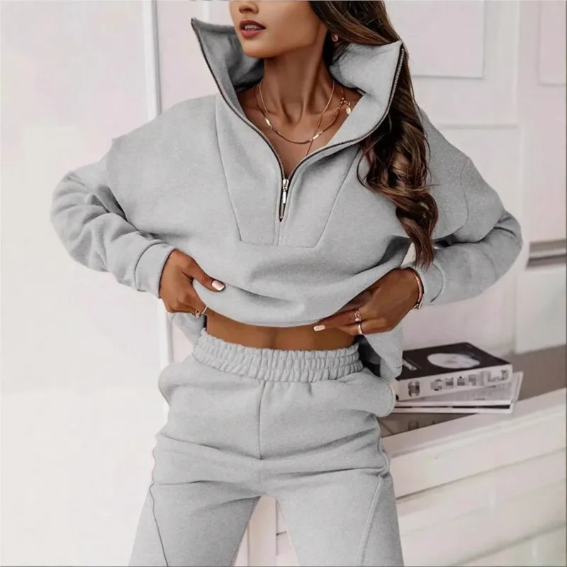 

Women's Casual Sports Style Suit Fashionable Solid Color Half-open Collar Loose Long-sleeved Sweatshirt Trousers Two-piece Set