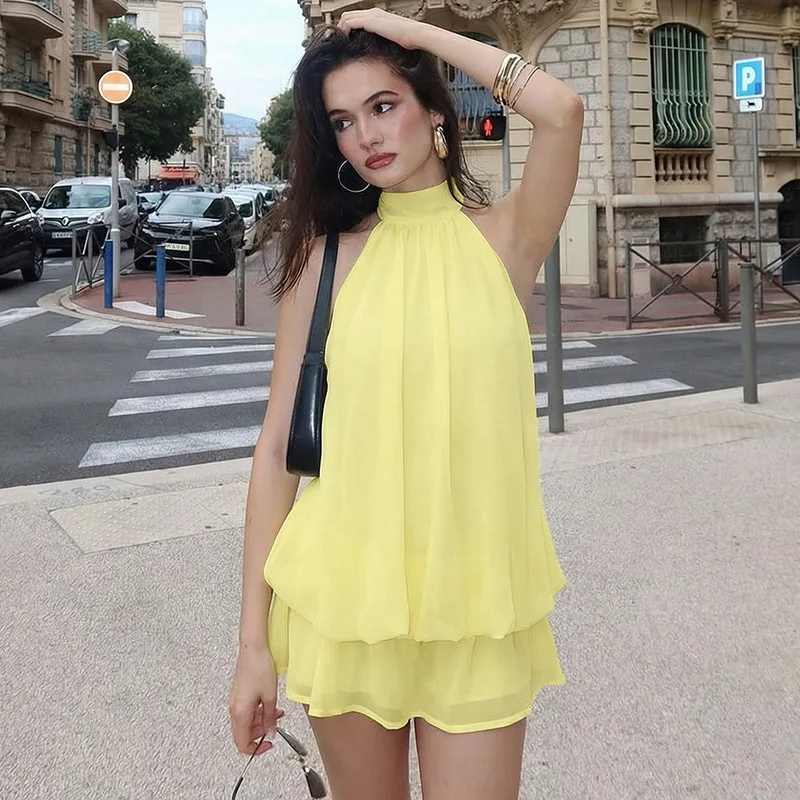 

2026 New Solid Color Holiday Slim-fit Halter Neck Waist Top Puffy Short Skirt Dress Women