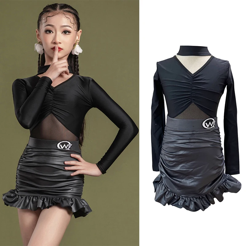 Traje de baile latino negro para niñas, vestido de baile Cha Rumba, traje de actuación de Tango para chico, ropa de práctica latina XH1308, 2024