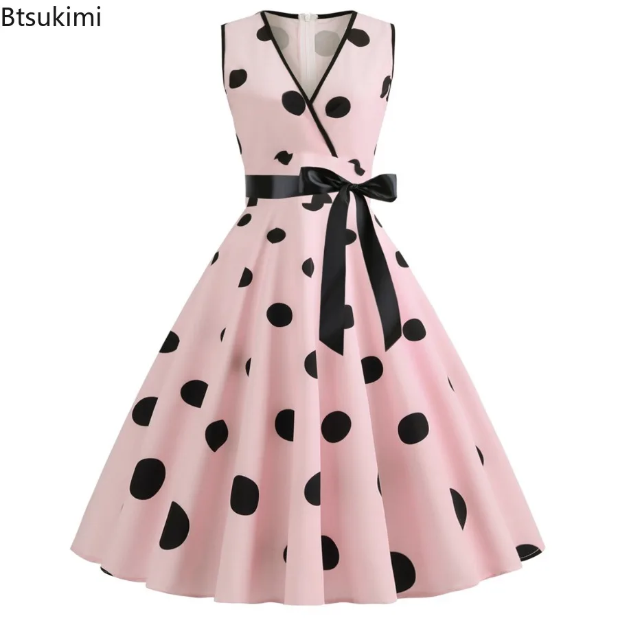 2024 Vintage Polka Dot Printed Big Swing Dress Women's Elegant  Deep V Neck Party Dress Ladies Bow Lace Up Summer Dresses Femme