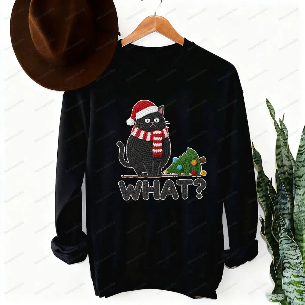 Sudadera What Cat con estampado de hilo sintético para mujer, divertida camiseta con estampado de árbol de Navidad, regalo de Navidad, Sudadera con capucha, ropa para mujer