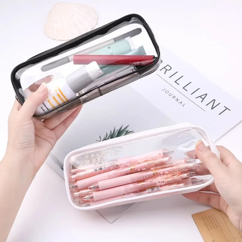 1Pc Korean Ins Style Transparent PVC Pencil Case Large Capacity Stationery Organizer Multi‑Purpose Cosmetic Makeup Bags Small
