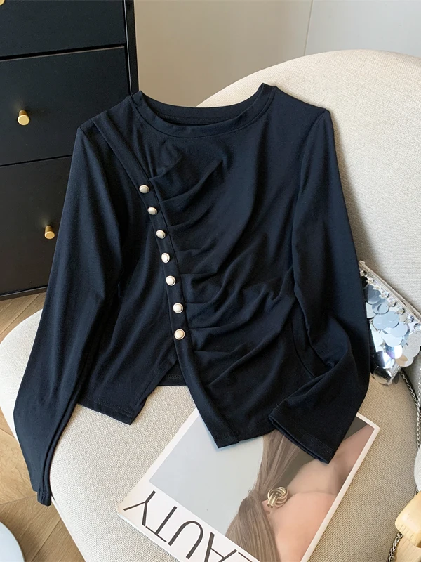 

Casual Sle Slim Fit ort Sve Women's T-irt Spring Season Casual Wear Irregular Slit Design Base Layer irt Top