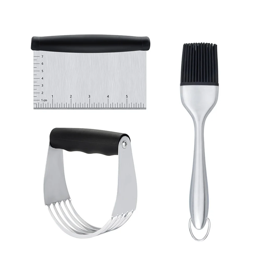 

3Pcs Stainless Steel Pastry Cutter Dough Blender Bbq Brush Set Baking Convenience Pastry Cutter Dough Cake Scraper