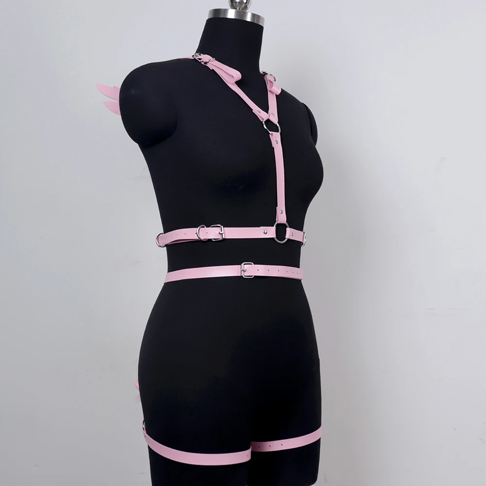 Traje de arnés de alas de Ángel de cuero rosa para mujer, liguero gótico, correa de tirantes, lencería Sexy, accesorios, traje de Festival Rave