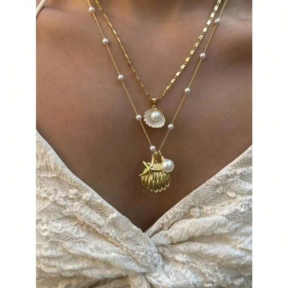 

2pcs/Set Beachy Starfish & Shell Necklace Set With Pearl Accents - Resort Style Boho Jewelry, Perfect For Vacation & Summer Outfits, Dainty Layered Necklaces For Women, Beach Accessories