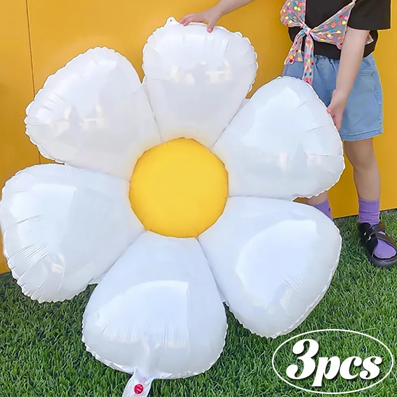 Large White Sunflower Daisy Flower Balloon Kids Birthday Party Foil Balloons with Air Pump for Baby Shower Decoration Photo Prop