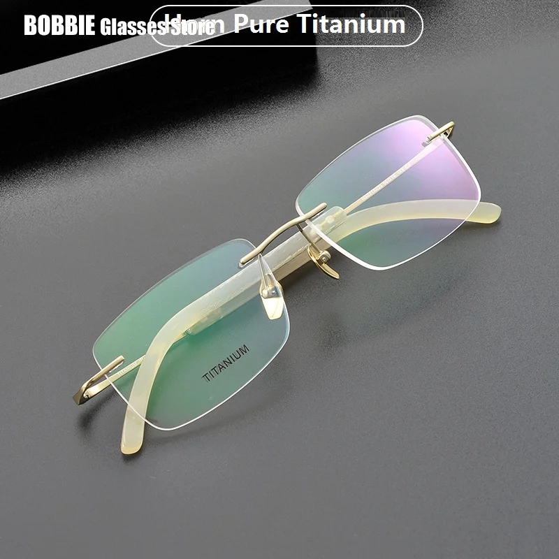 Business Rimless Square Glasses Frame Natural Horn Super Light Pure Titanium Men's Tide Myopia Eyeglasses  Japanese Design 2023