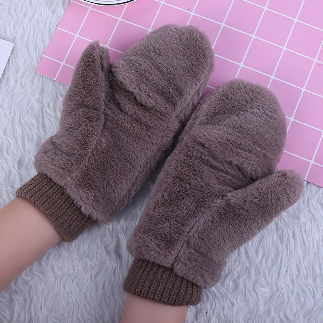 Hot Winter Thickened Cute Whole Covered Finger Mittens for Women Plush Gloves Fluffy Rabbit Dual-layer Hang on Neck Type Mittens