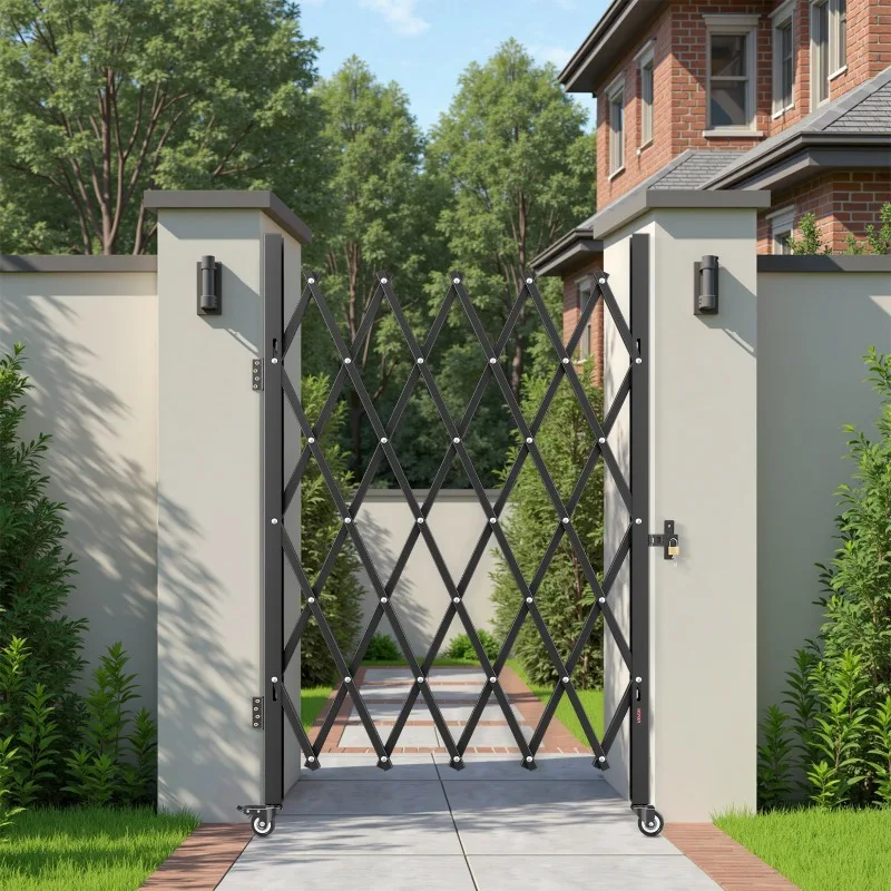 

Одностворчатые складные защитные ворота, запираемые ножничные ворота с поворотом на 360 градусов ° Поворотные ролики, стальные выдвижные ворота-барьеры для улицы, для