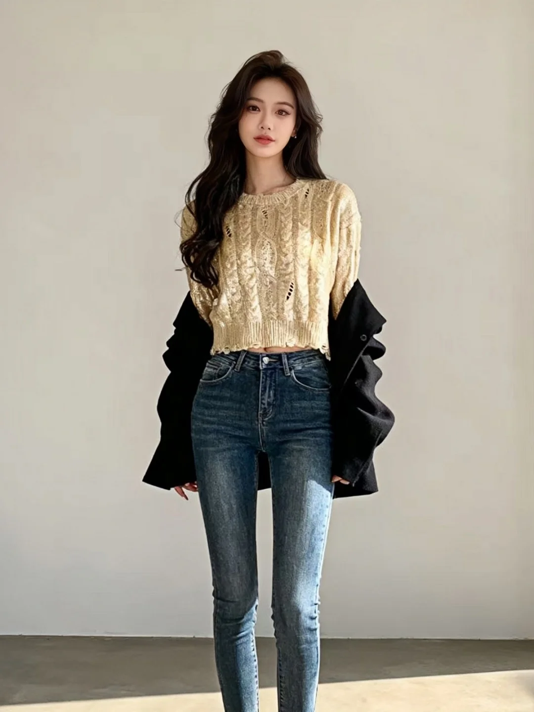 

Autumn Winter Loose ort Women's Sweater Light Golden Micro Hole Knitted Top Sweet Cool Versatile Casual Sle round Ne