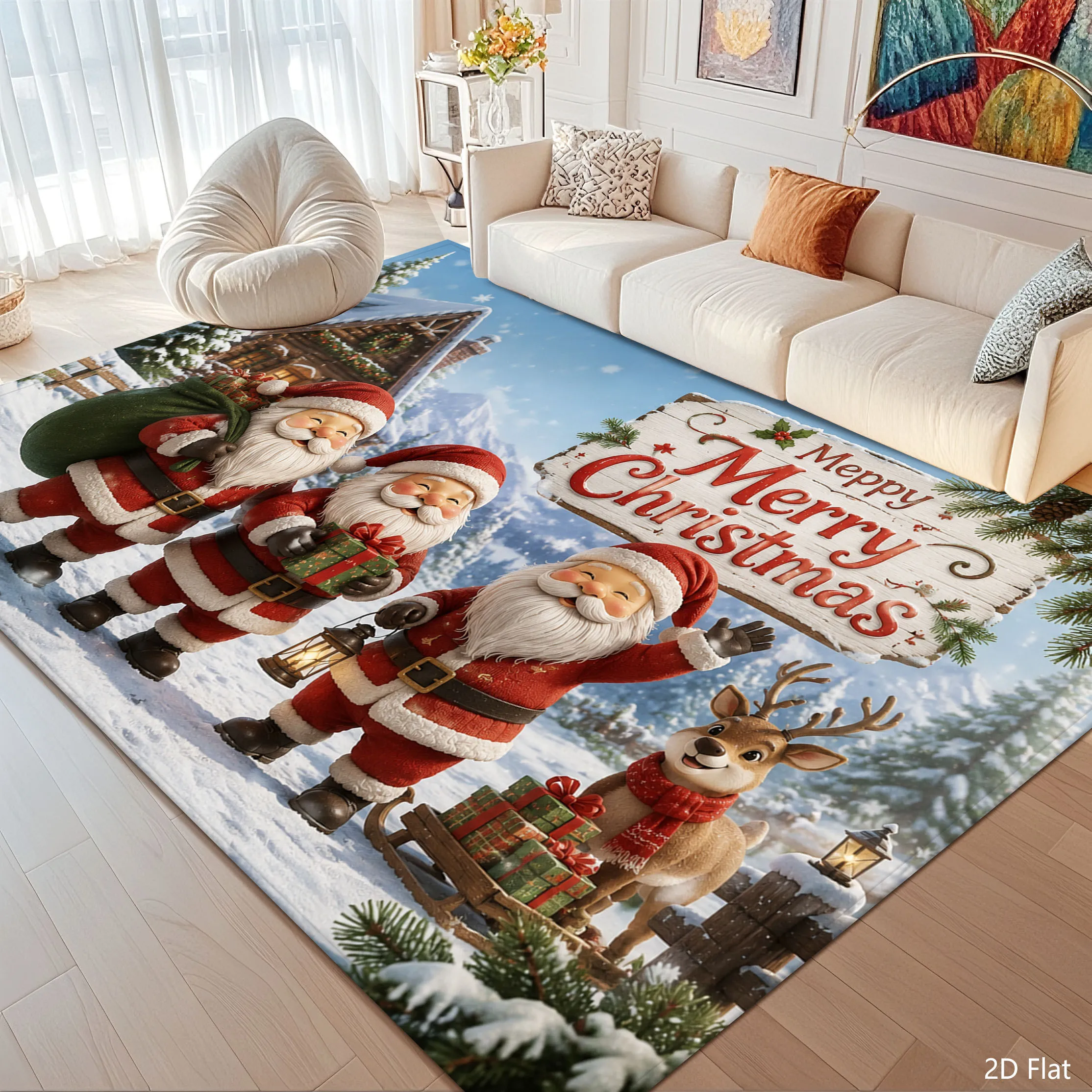1pc 2D Flat Santa Claus Reindeer Merry Christmas Gift Printed Floor Mat, Decorative Rug for Living Room, Bedroom, Home