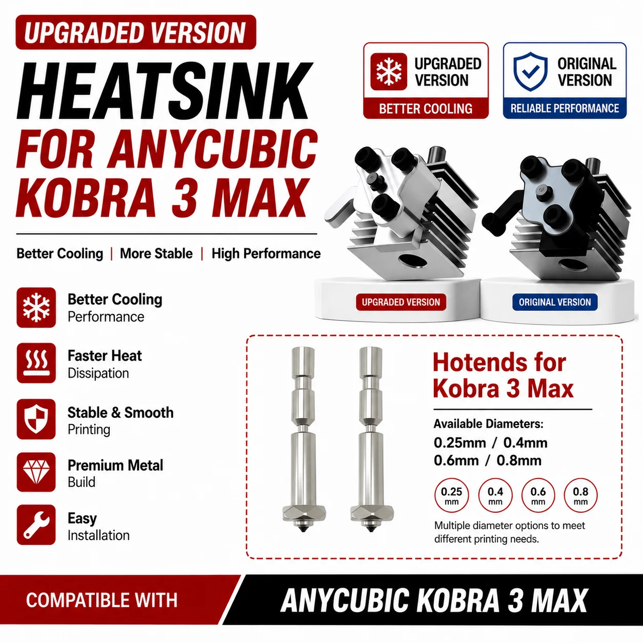 Anycubic Kobra 3 Max Upgraded Heat Sink Combo Hotend Kit Replaceable 0.25 0.4 0.6 0.8mm 3D Printer Nozzles for 3D Printer Parts