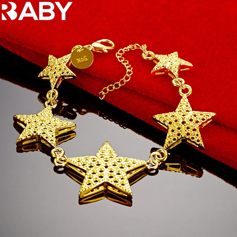 

URBABY 925 Sterling Silver 18K Gold Five Hollow Star Bracelets For Women Fashion Wedding Party Charms Jewelry Accessories Gifts