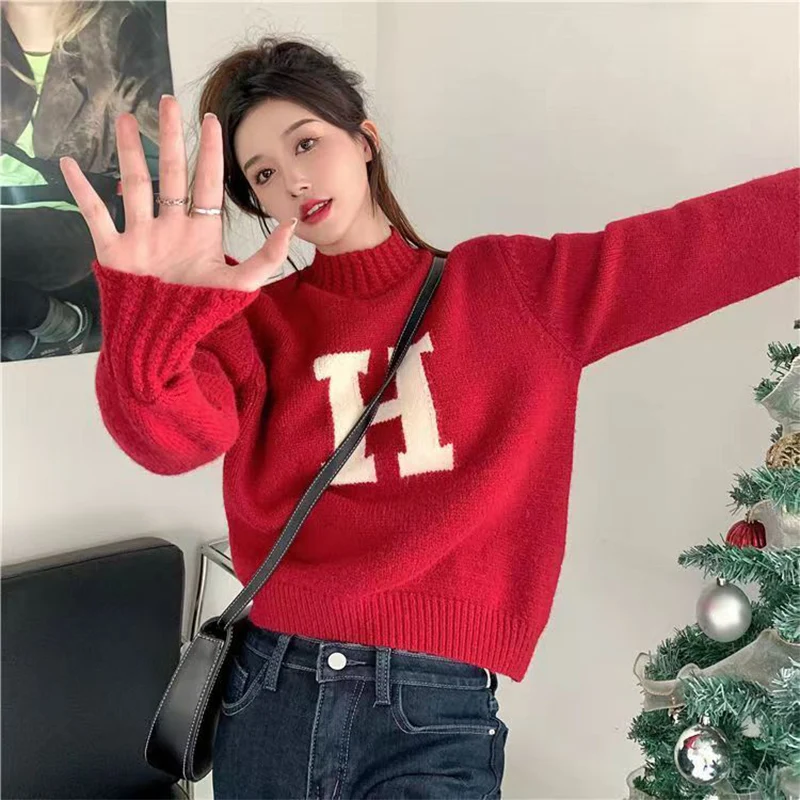 

Autumn Winter Letter Jacquard Soft Comfort Women's Sweater Casual Commuting Loose Short Knitted Thicken Sweater Top for Women