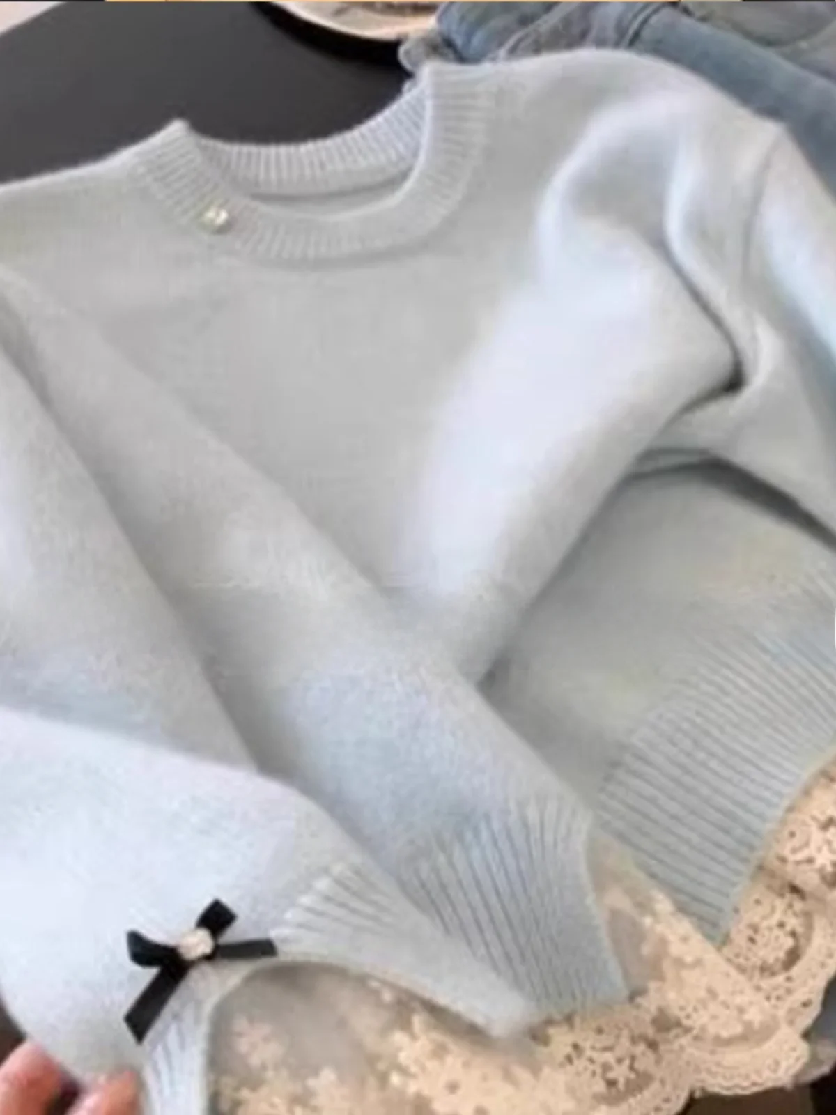 

Korean Design Sense Lace Splicing Sweater Women's New Sle Beautiful Knitted irt Inner Wear Autumn Winter Faionable