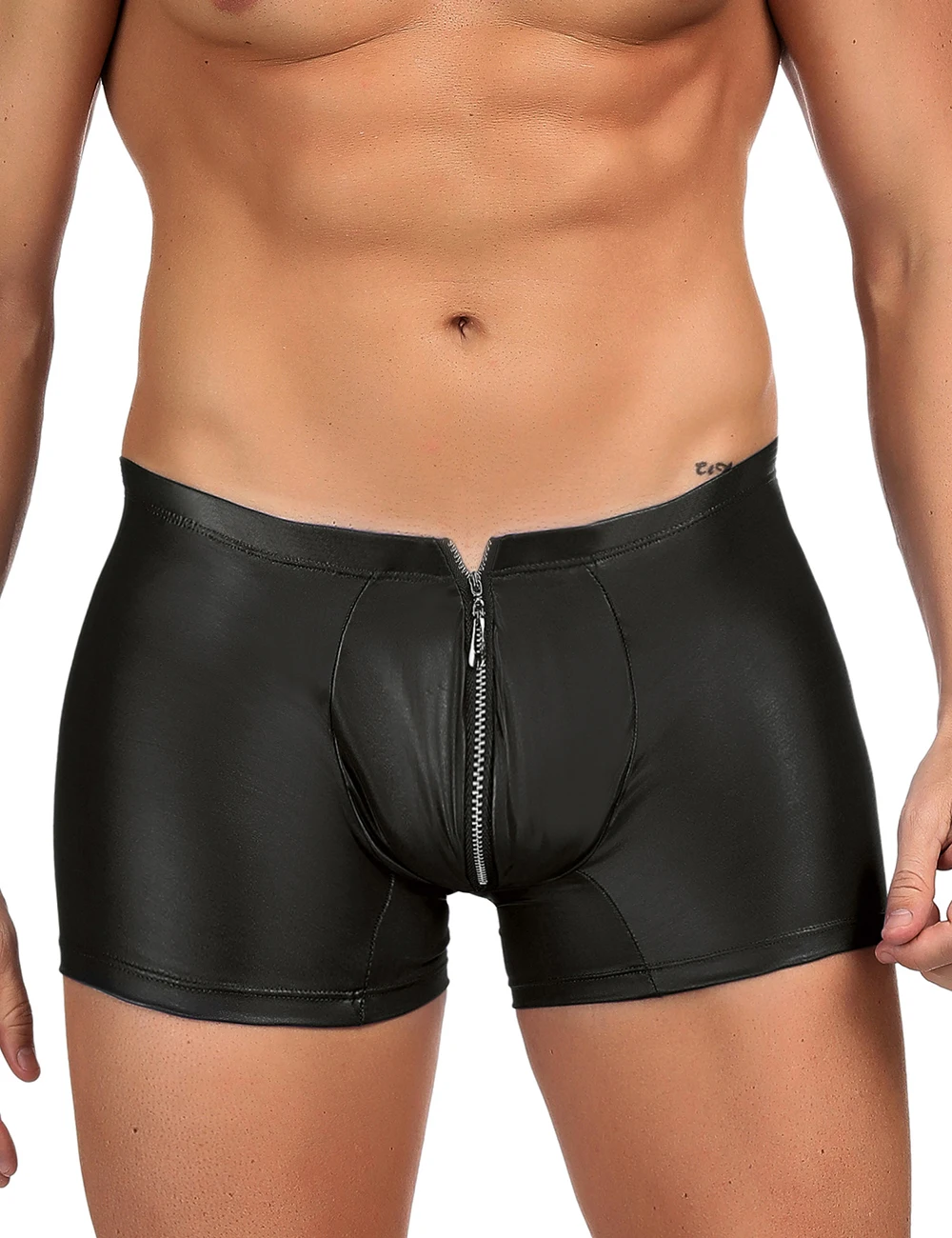 

Black Sexy Underwear Men Panties Erotic Faux Leather Solid Shorts Homme Zipper Comfortable Boxer Largo Hombre Tight Man Boxers