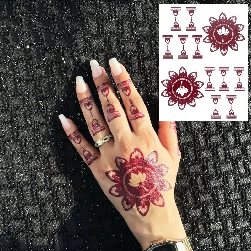 Maroon Henna Tattoo Stickers for Hand and Body Flower Temporary Tattoos for Women FakeTattoo for Wedding Festival