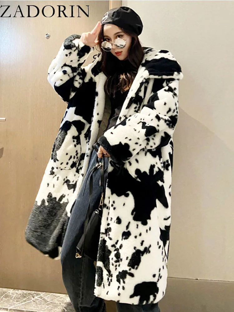 ZADORIN Fashion Winter Oversized Cow Printed Hooded Long Faux Mink Fur Coat Women Furry Faux Fur Jacket for Lovers Coats Man