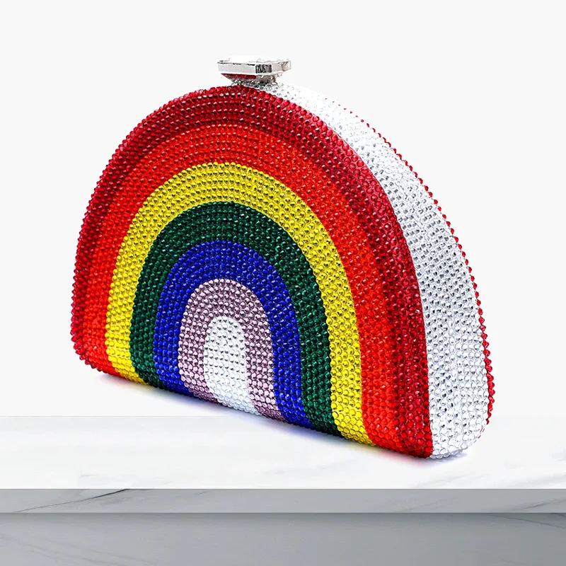 

Ladies Rainbow Clutch Bag Rhinestone Evening Dinner Bag Clutch Oval Wedding Party Handbag Wedding Pochette Elegante Da Cerimonia