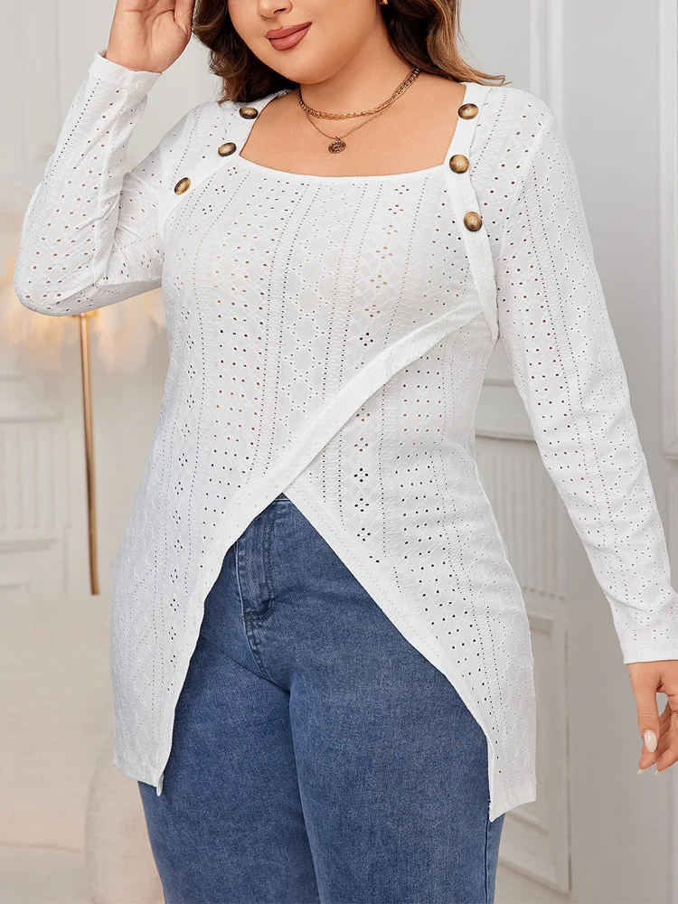 GIBSIE Plus Size White Square Neck Button Women Shirts 2024 Autumn New Hollow-out Long Sleeve Irregular Hem Tops And Blouses