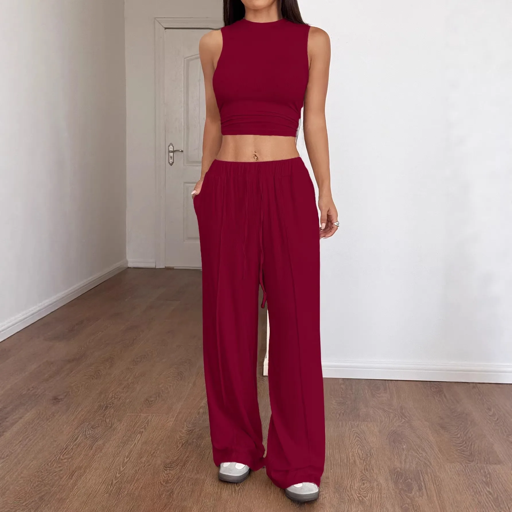 Women's Summer Two-Piece Sets Outfits: Solid Color Tank Top with Long Pants Casual Patchwork Women's Clothing Set Outfits