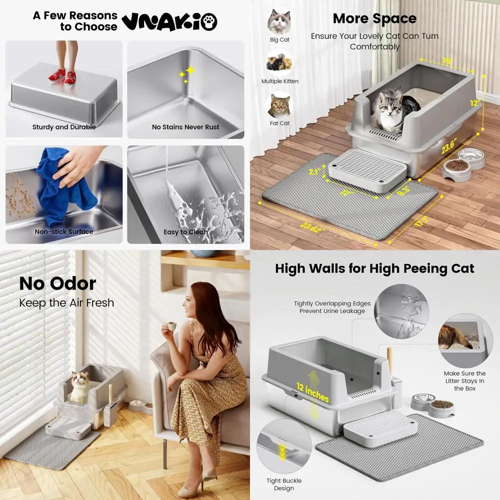 

Очень большой закрытый металлический лоток для кошек с крышкой, высокими бортиками, защитой от протекания, легко чистится, с антипригарной поверхностью, ковриком для наполнителя, миской и совком.