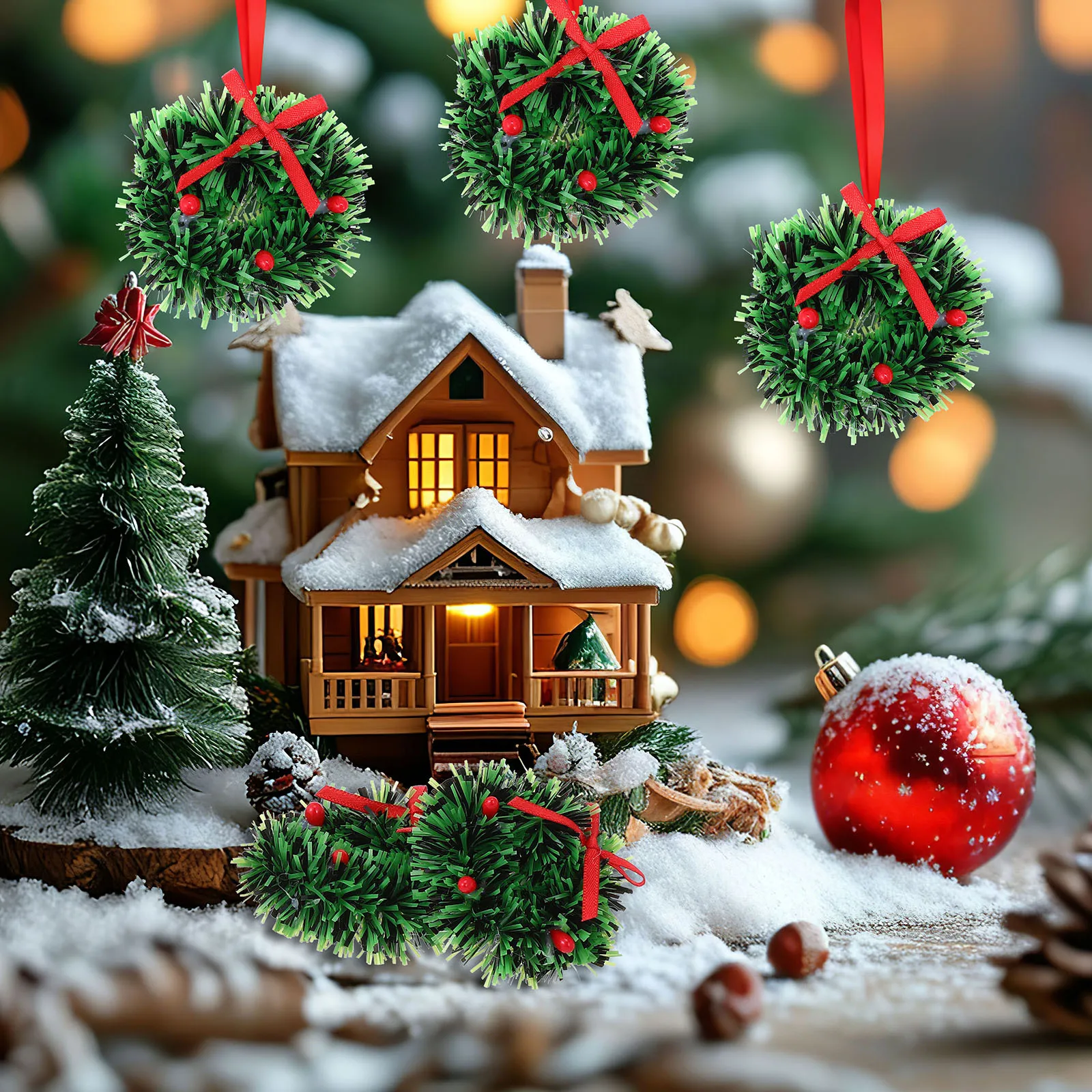 

5pcs Mini Christmas Wreath Plastic Desktop Ornament For Diy Decor Festive Village Crafting Xmas Decoration Wreath