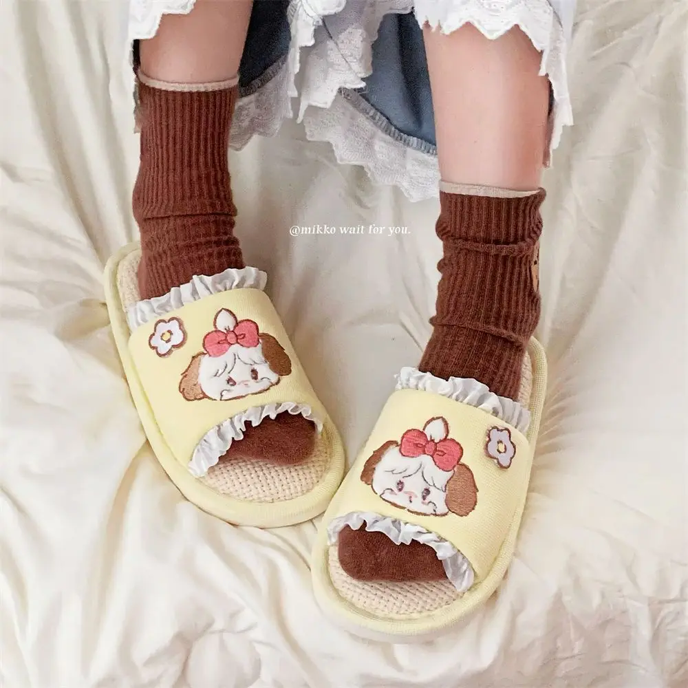 Kawaii Mikko القطن الكتان النعال لطيف المضادة للانزلاق كل موسم موضة الربيع الصيف المرأة ارضيات داخلية أحذية الفتيات الهدايا اللعب