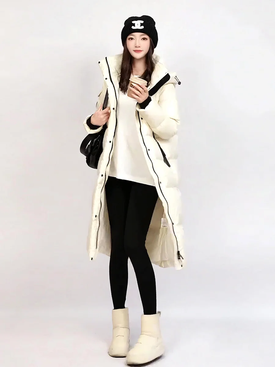 

Корейское высококачественное белое пуховое пальто для женщин, зимнее, теплое, длинное, модное, для повседневной носки, со съемным капюшоном