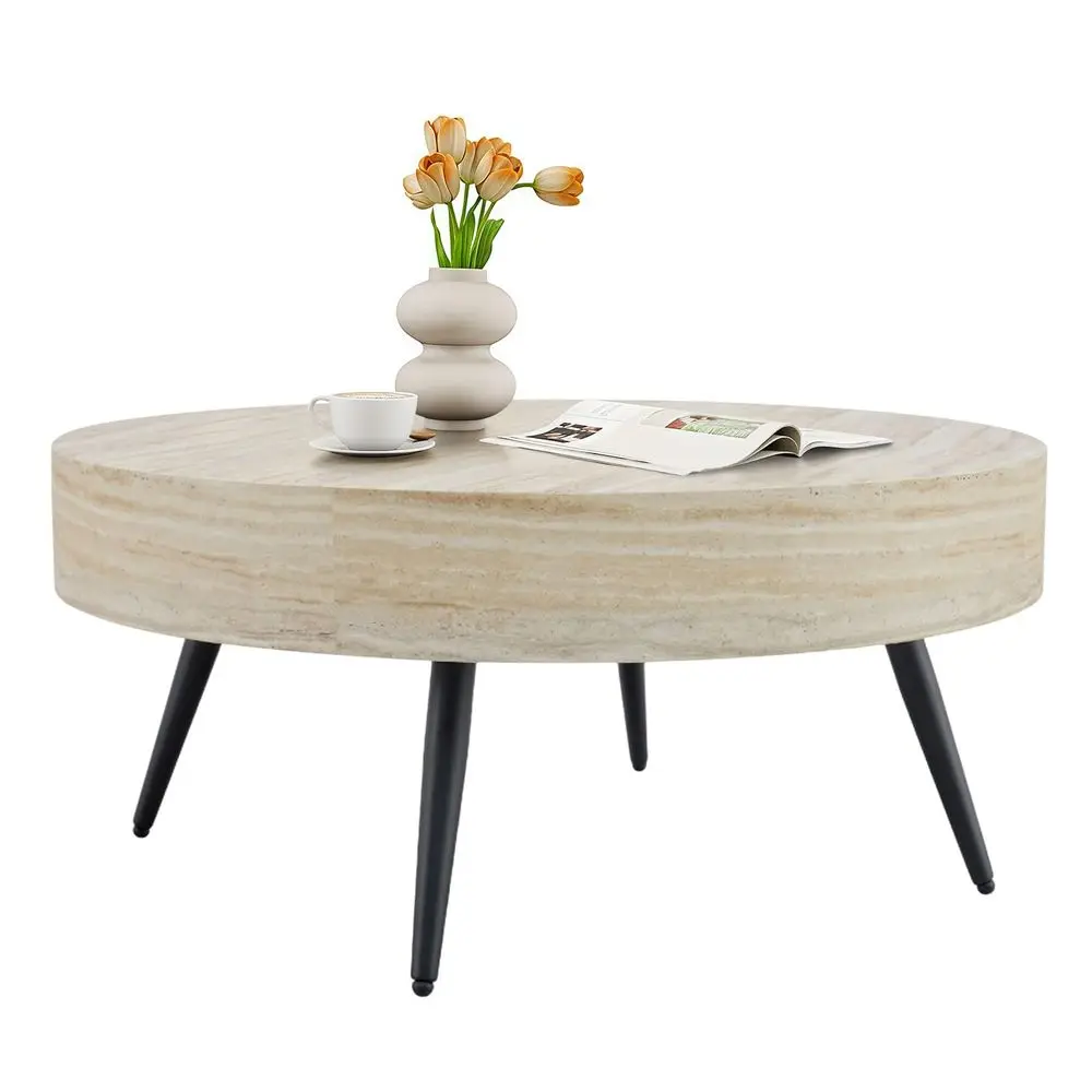 

Coffee Table, Small Wood Stone Coffee Table with Storage, Modern Mid Century Circle Tables Accent Center Tables for Living Room