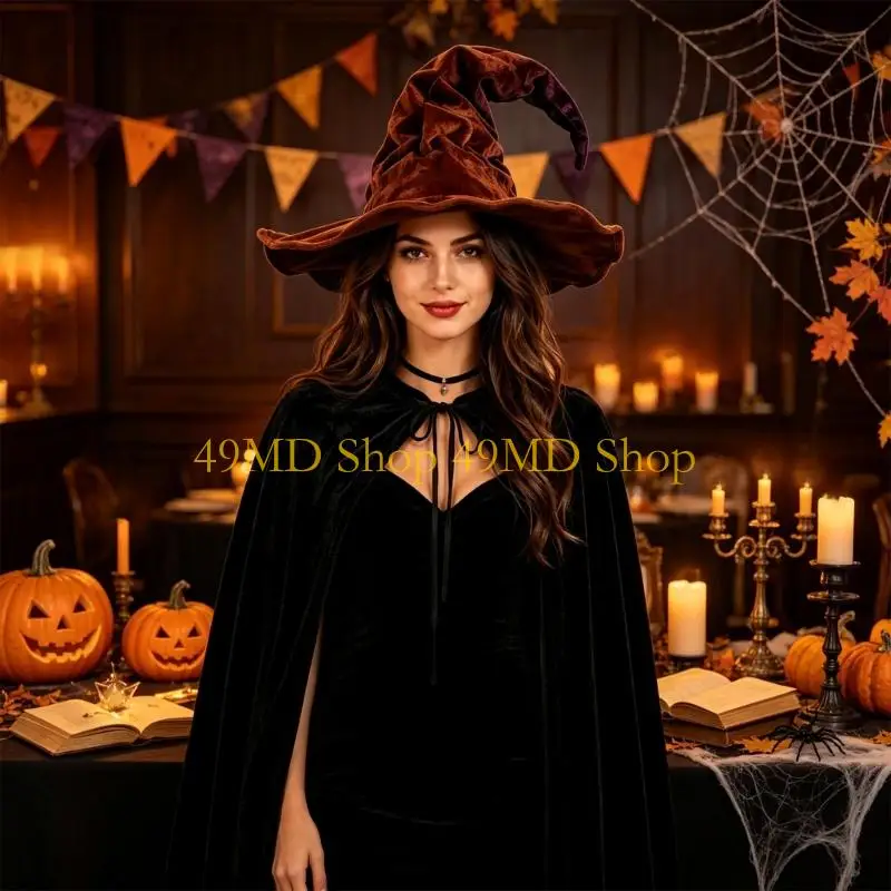 49MD Halloween Witch Hat with Plush-Look Fabric and Soft Wide for Party, Cosplay
