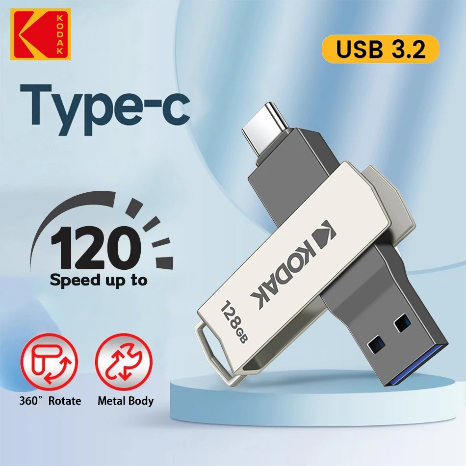 Kodak Type C Pendrive USB 3.2 Metal USB Flash Drive 128GB 64GB 32GB 256GB HDD 2 in 1 U-disk for Keys Smartphone Laptop Desktop